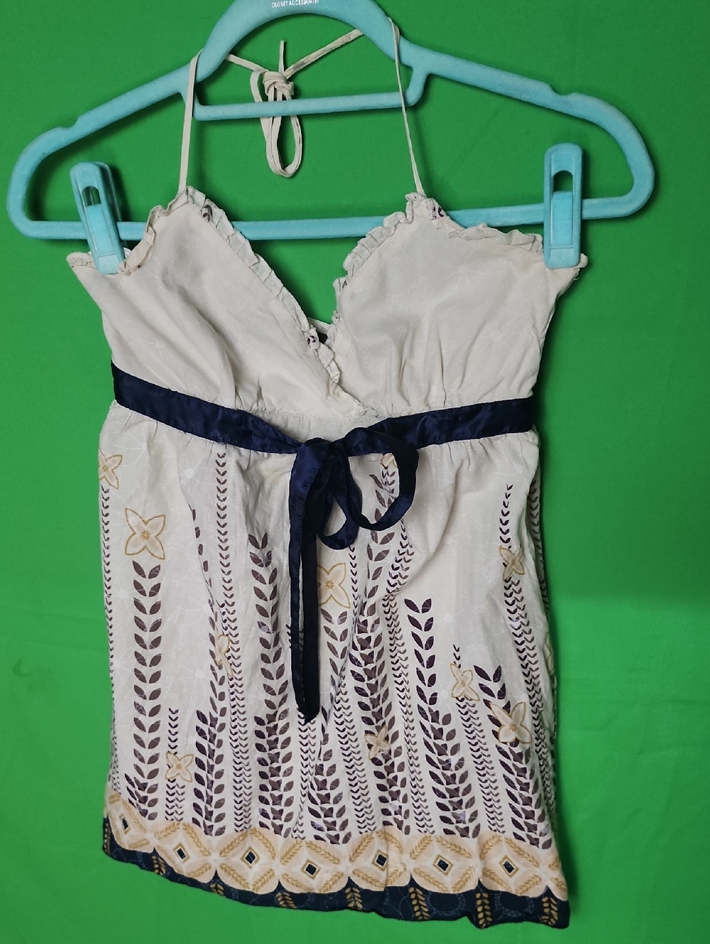 Daytrip Y2K Boho Halter Top Cream & Navy Blue Empire Waist - Size Small